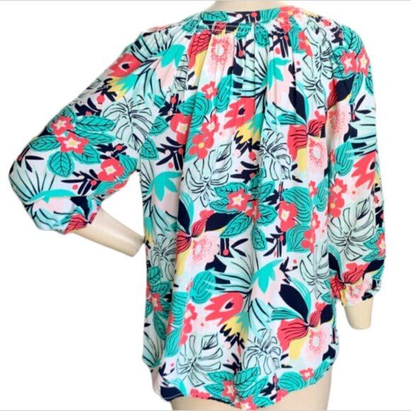 Crown & Ivy L Tropical Floral BOHO V-Neck 3/4 Sleeve Peasant Blouse 75C - Picture 5 of 7